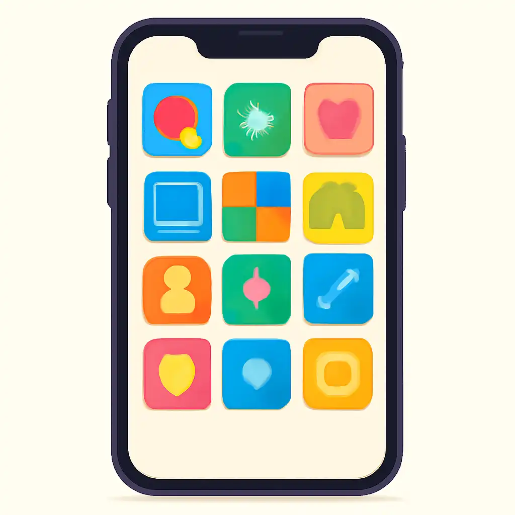 Smartphone shown from the front displaying a colourful flat layout of abstract game icons and rounded tiles (no text, no letters, no labels), 82 Game