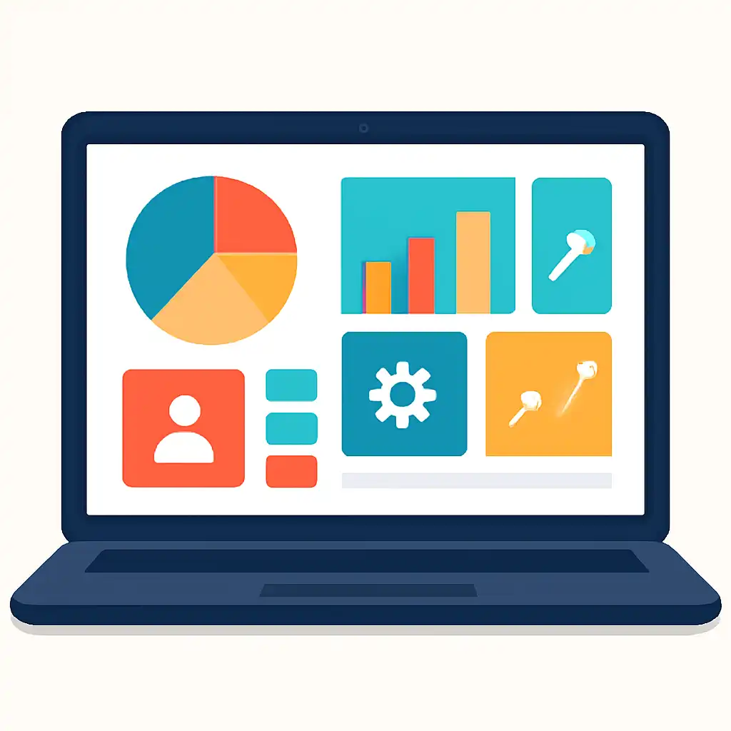 Laptop shown from the front displaying a colourful flat dashboard of abstract charts, bars and icon tiles (no text, no letters, no labels), 82 Game