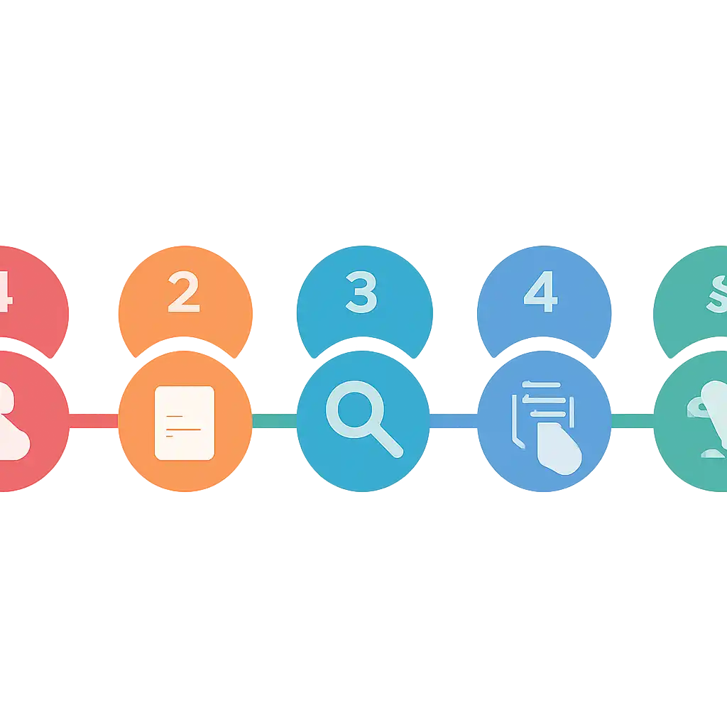 Five numbered circular icons connected by arrows in a horizontal flow, flat illustration, icons only, no words, 82 Game steps